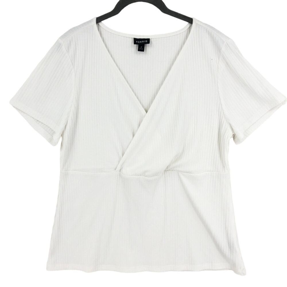 Torrid Wrap Blouse Women's 2 2X White Rib Knit Stretch V-Neck Short Sleeve Top